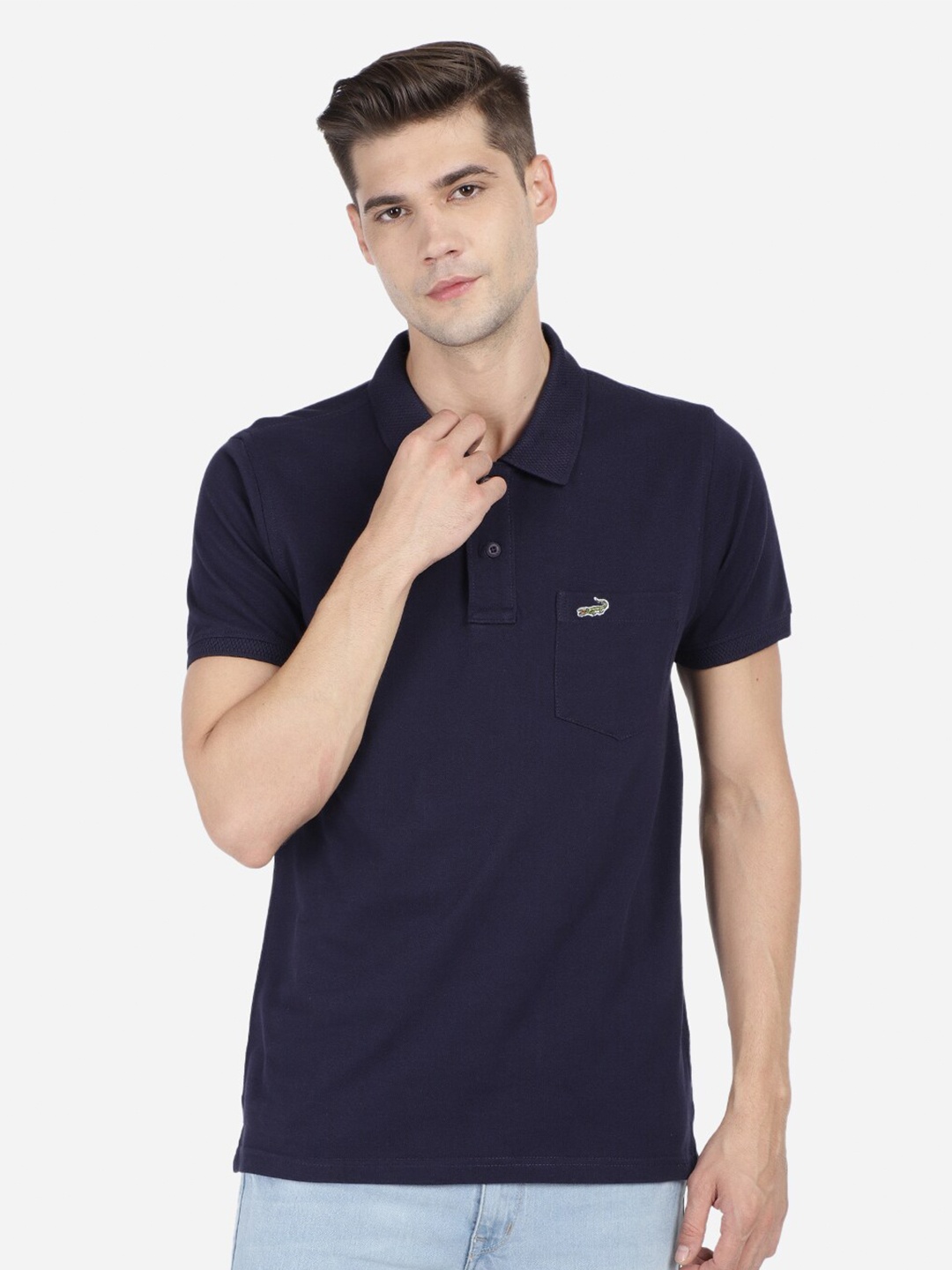 

Crocodile Men Navy Blue & peacoat Polo Collar Applique Slim Fit T-shirt