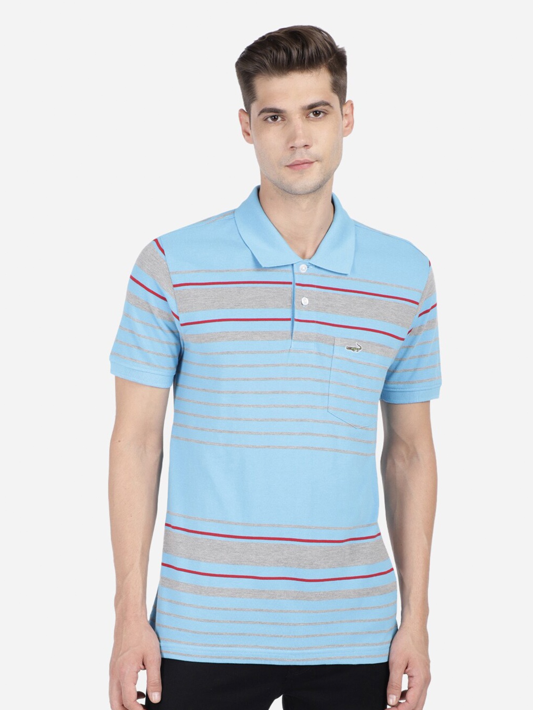 

Crocodile Men Blue & plein air Striped Polo Collar Pockets Slim Fit T-shirt