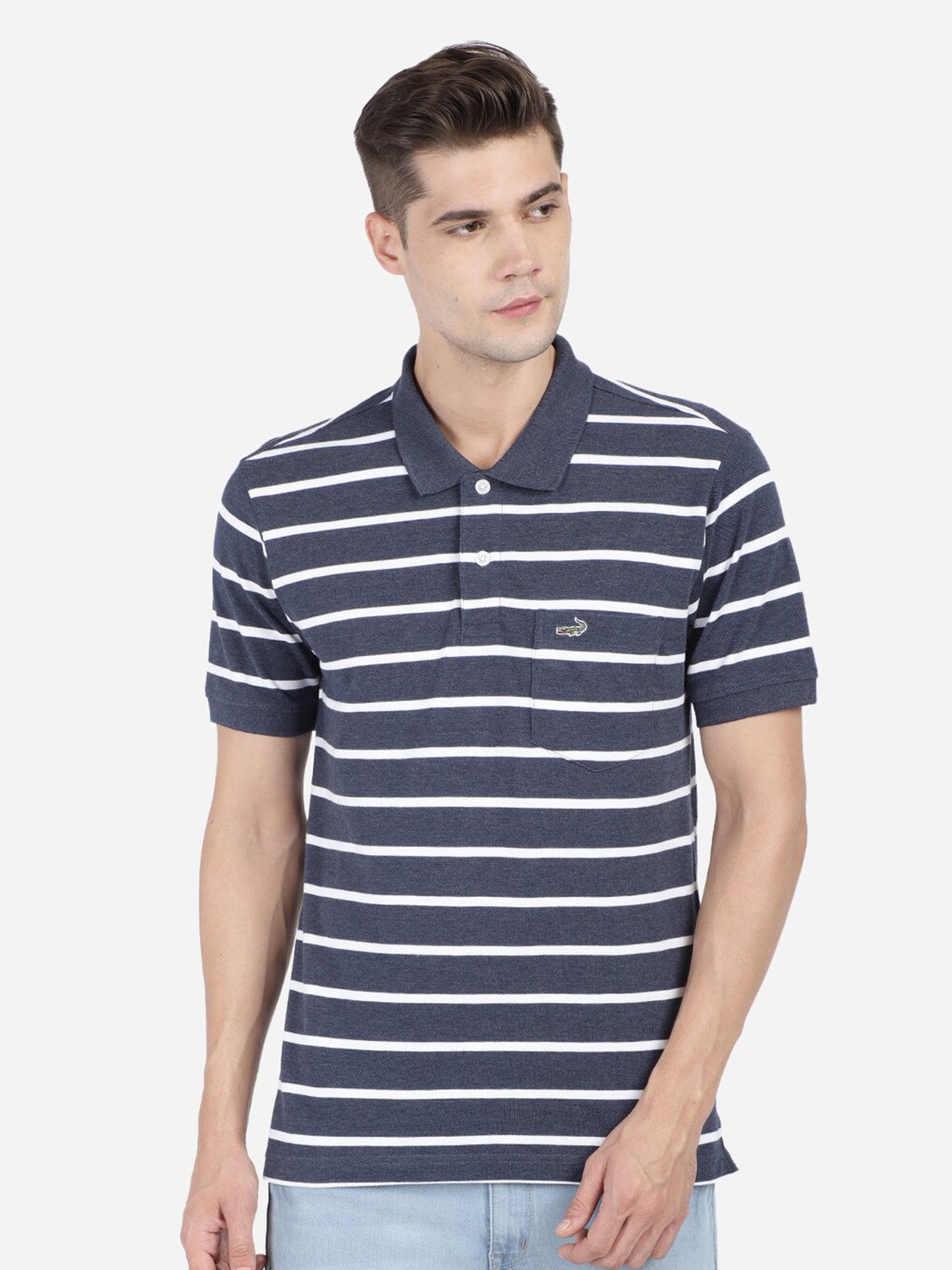 

Crocodile Men Navy Blue & crown blue Striped Polo Collar Pockets Slim Fit T-shirt