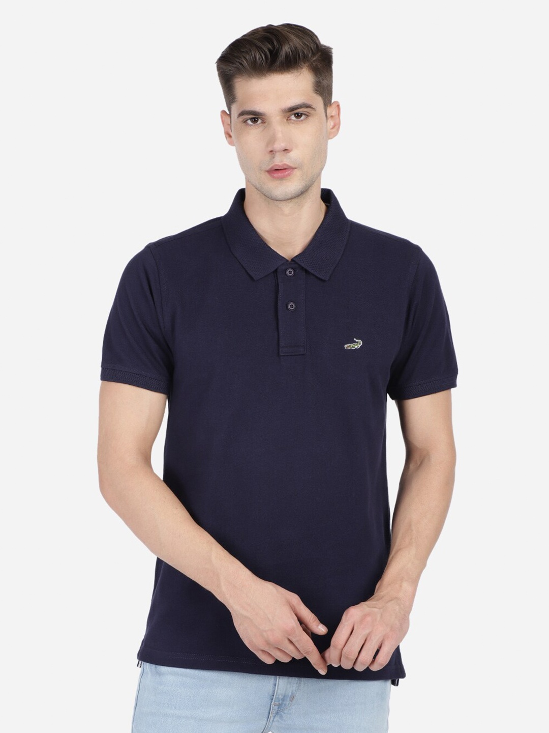 

Crocodile Men Navy Blue & peacoat Polo Collar Applique Slim Fit T-shirt