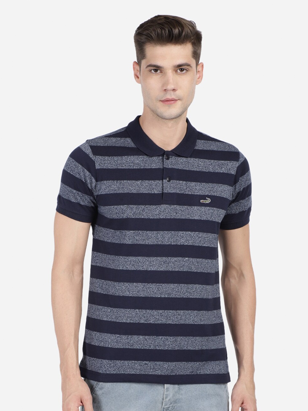 

Crocodile Men Black & peacoat Striped Mandarin Collar Pockets Slim Fit T-shirt