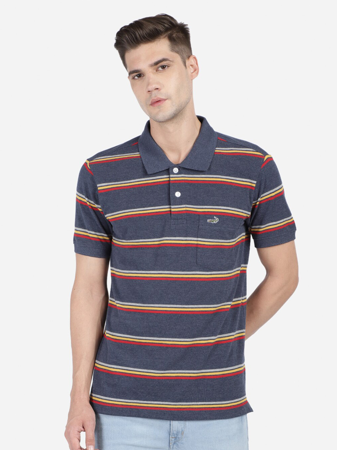

Crocodile Men Blue & vintage violet Striped Polo Collar Pockets Slim Fit T-shirt