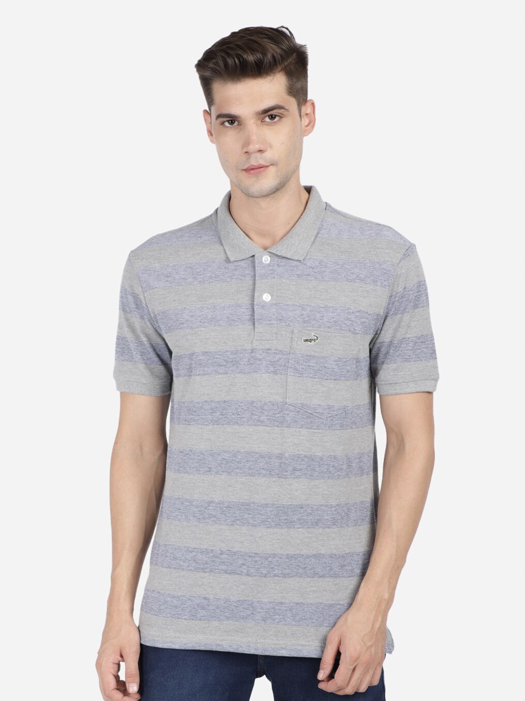 

Crocodile Men Blue & gray violet Striped Polo Collar Pockets Slim Fit T-shirt