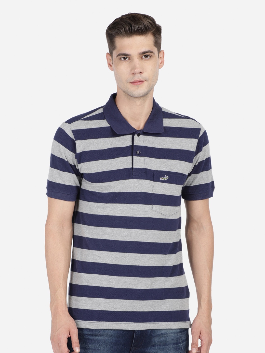 

Crocodile Men Navy Blue Striped Polo Collar Pockets Slim Fit T-shirt