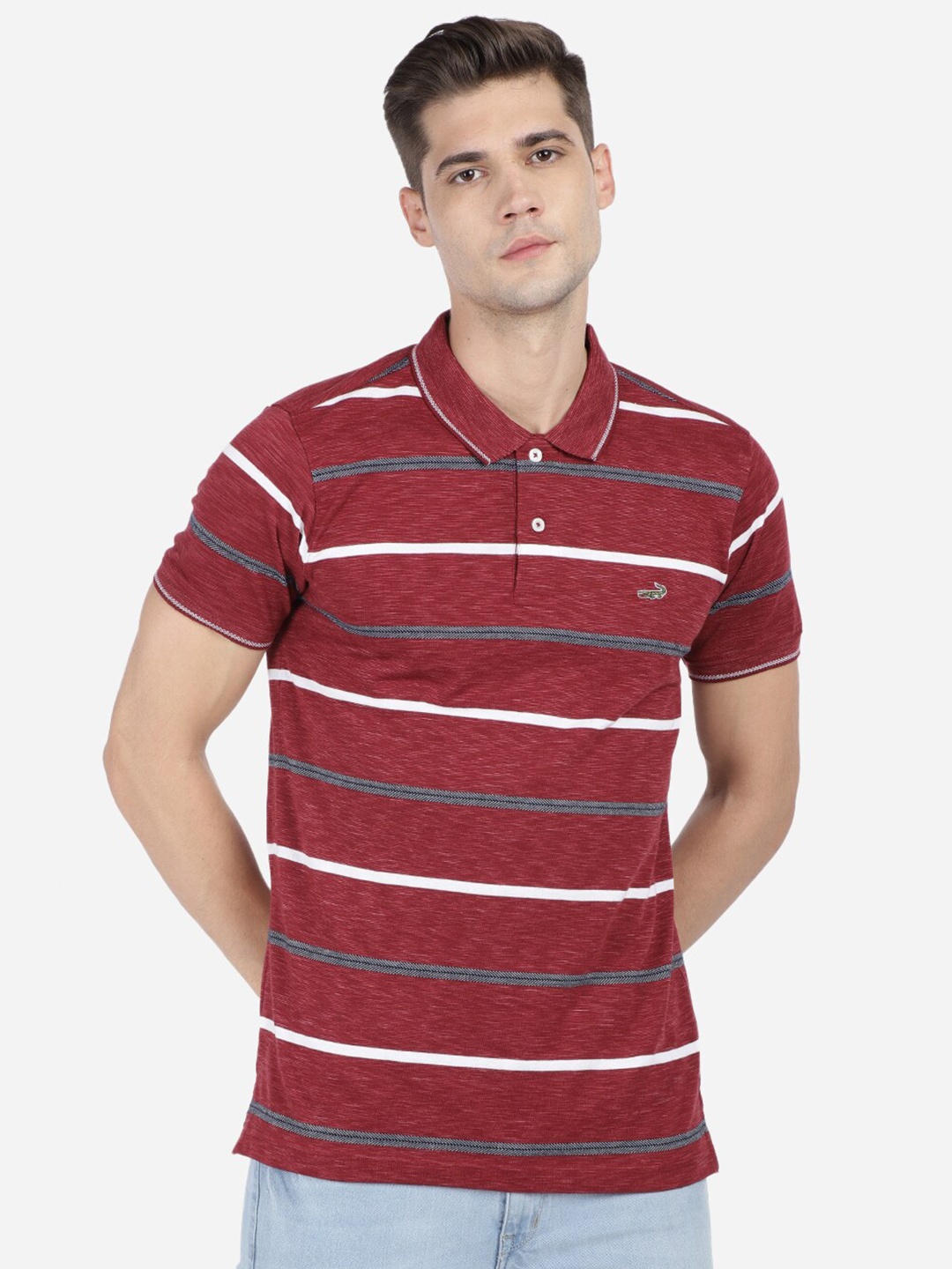 

Crocodile Men Maroon Striped Polo Collar Pockets Slim Fit T-shirt