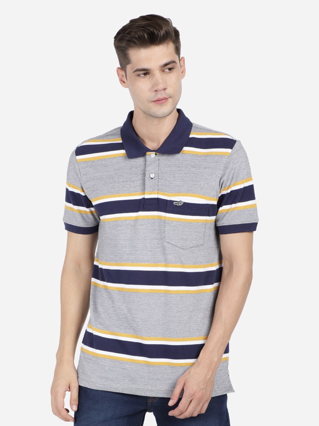 

Crocodile Men Grey Striped Polo Collar Pockets Slim Fit T-shirt