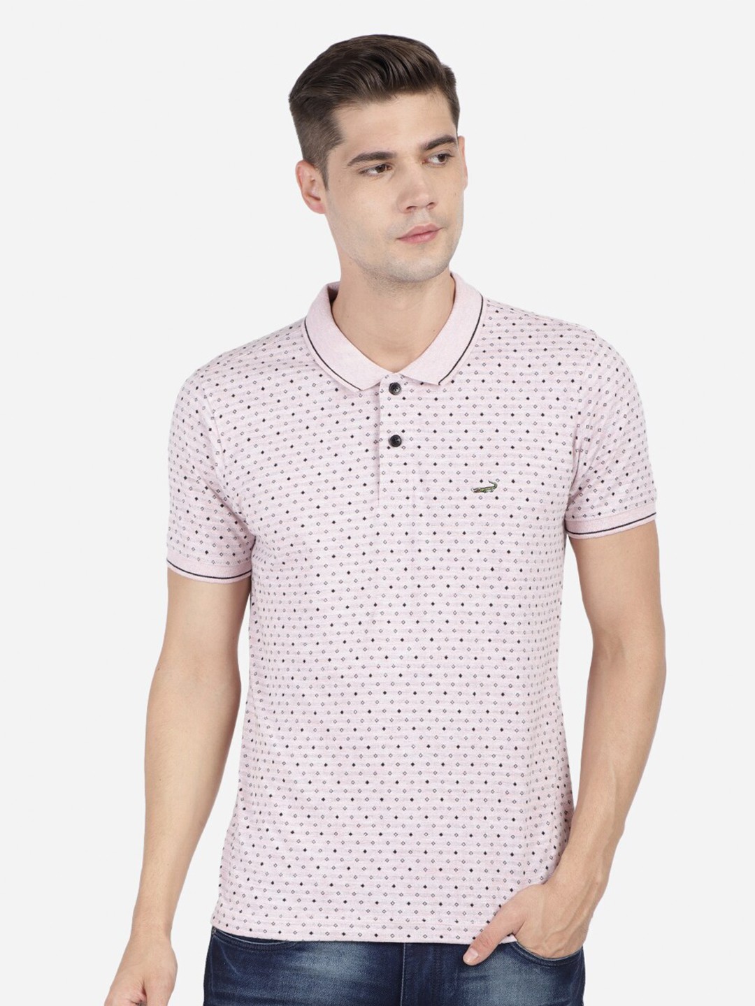 

Crocodile Men Pink Printed Polo Collar Pockets Slim Fit T-shirt