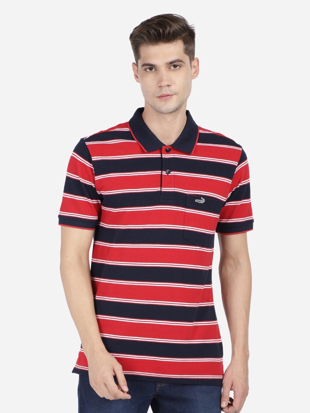 

Crocodile Men Navy Blue & dark sapphire Striped Polo Collar Pockets Slim Fit T-shirt