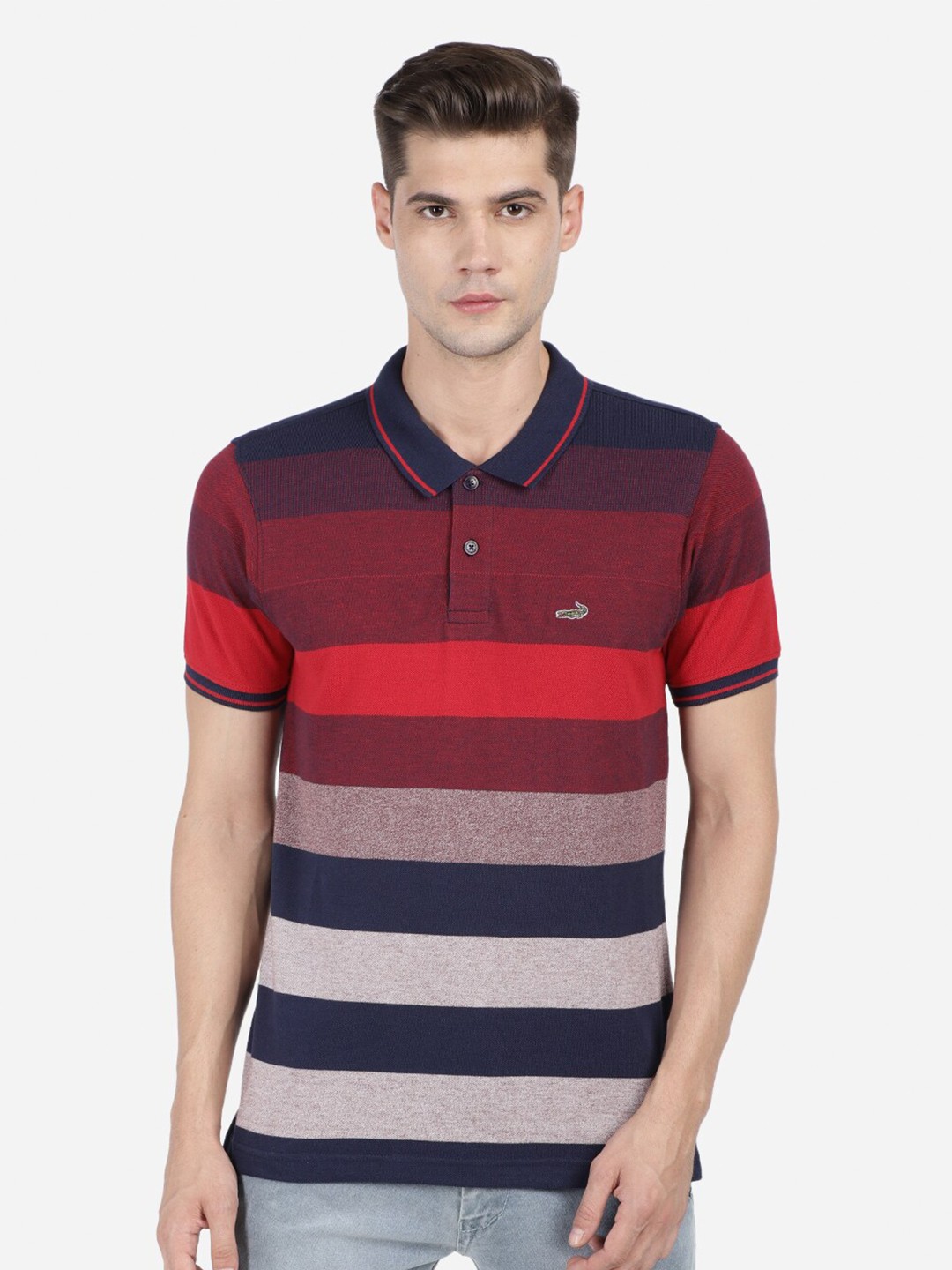 

Crocodile Men Maroon Striped Polo Collar Pockets Slim Fit T-shirt