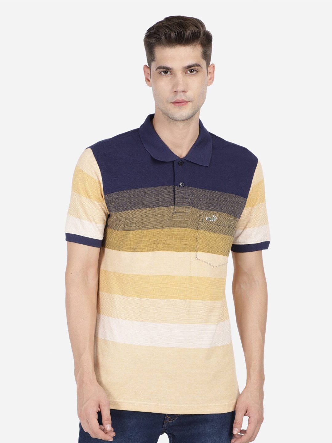 

Crocodile Men Navy Blue Striped Polo Collar Pockets Slim Fit T-shirt