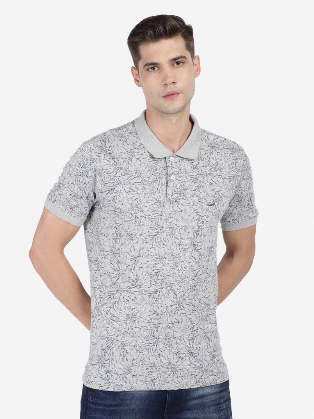 

Crocodile Men Grey Printed Polo Collar Pockets Slim Fit T-shirt