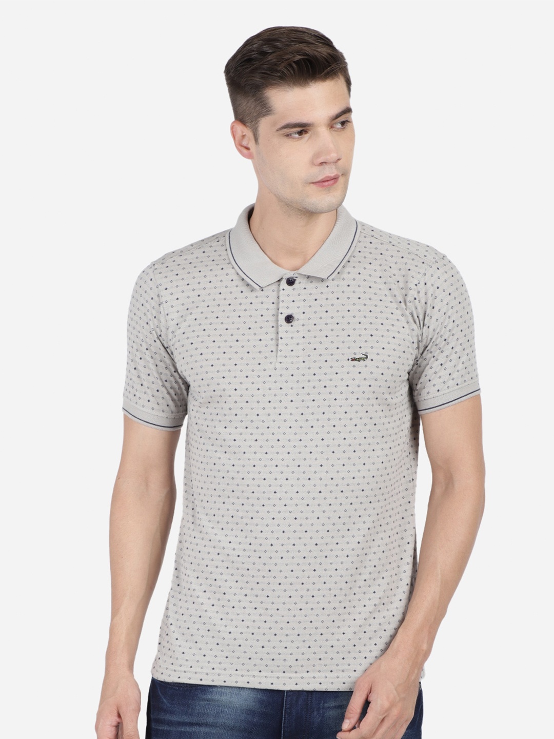 

Crocodile Men Grey & lilac ash Printed Polo Collar Pockets Slim Fit T-shirt