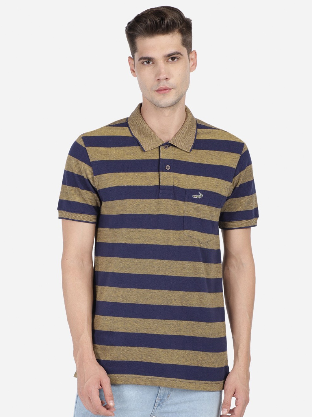 

Crocodile Men Mustard Yellow Striped Polo Collar Slim Fit T-shirt