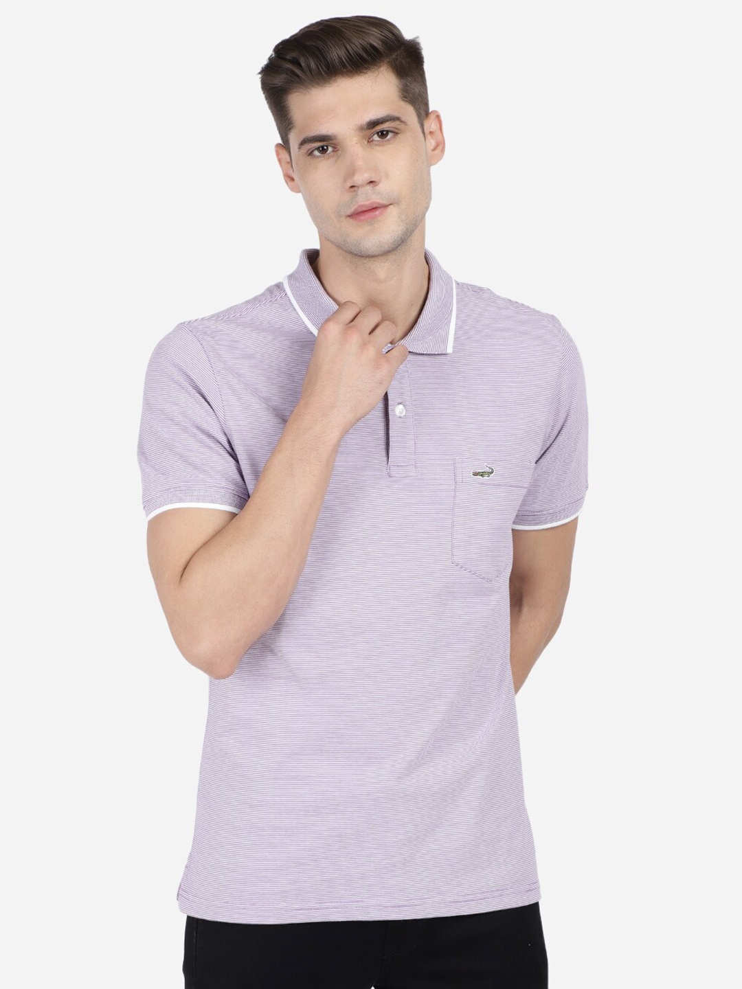 

Crocodile Men Lavender Polo Collar Pockets Slim Fit T-shirt
