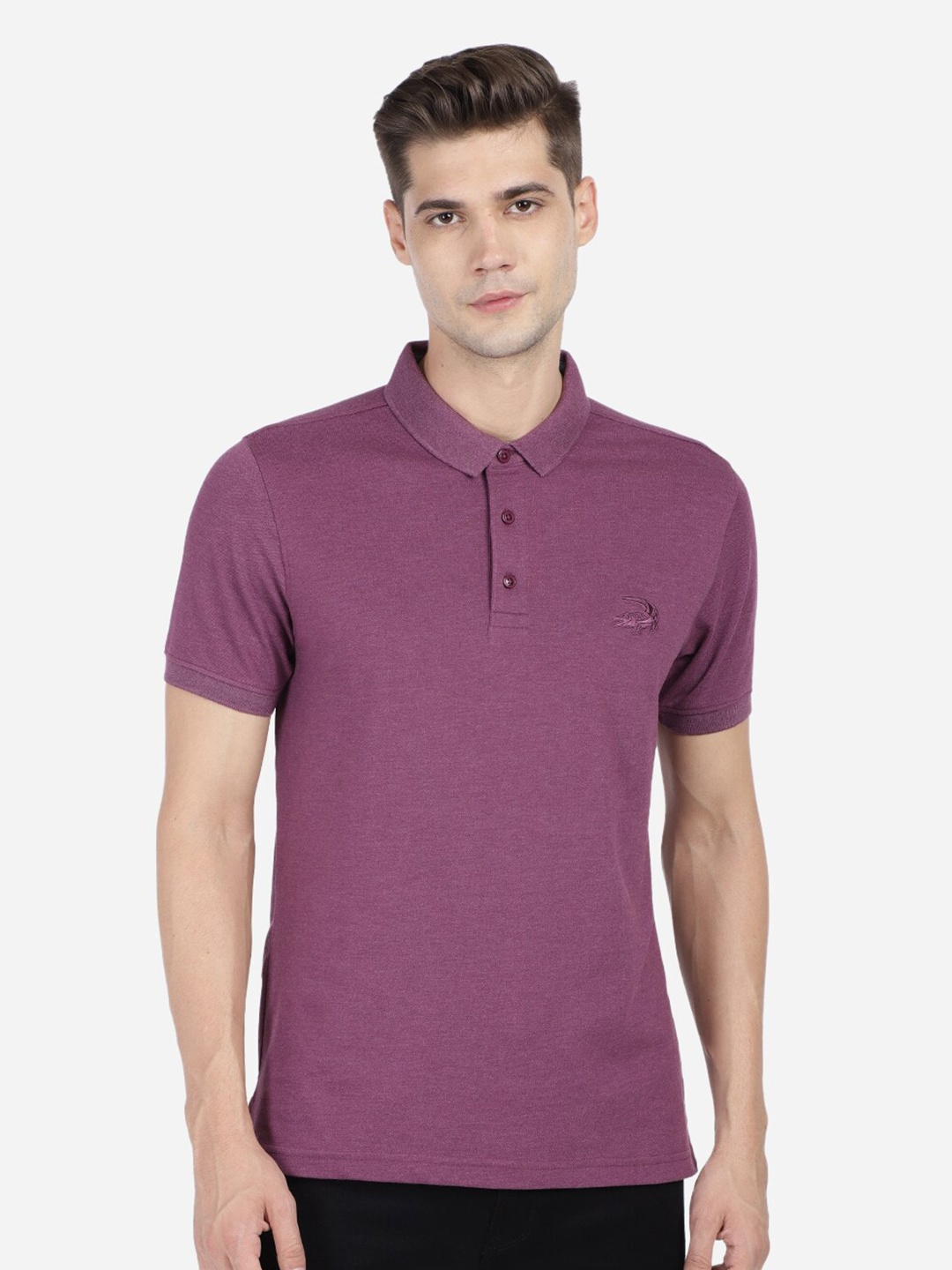 

Crocodile Men Purple Mandarin Collar Pockets Slim Fit T-shirt