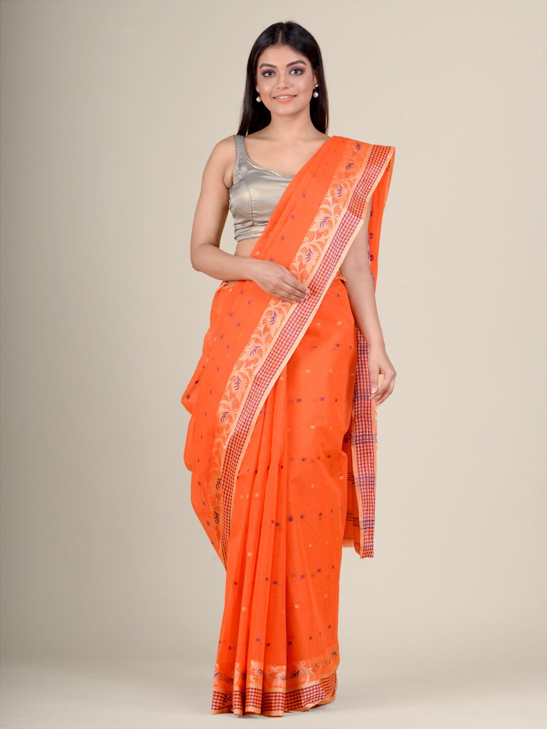 

Charukriti Orange & Blue Ethnic Motifs Woven Design Handloom Zari Pure Cotton Taant Saree