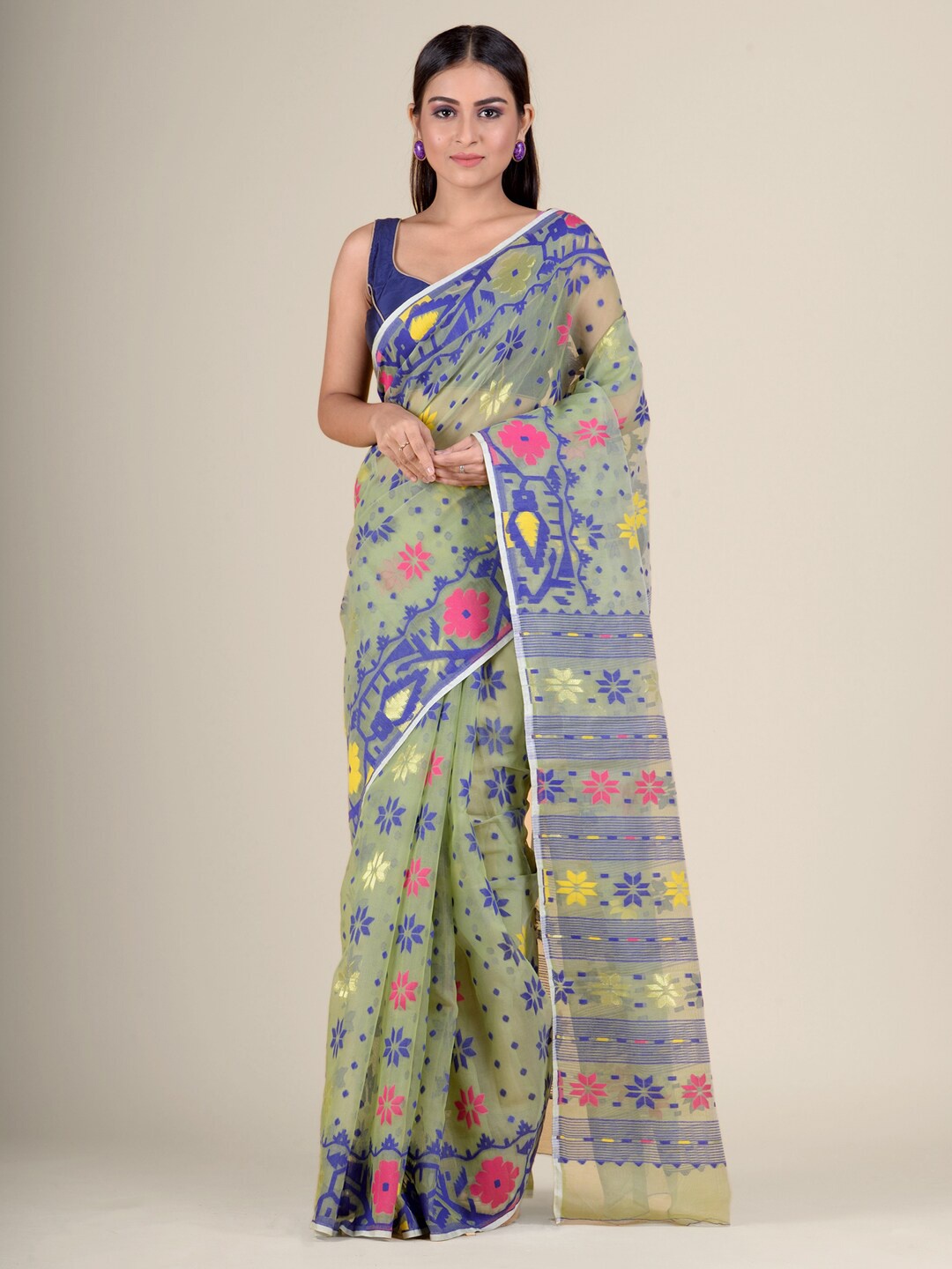 

Charukriti Green & Blue Floral Woven Design Handloom Jamdani Saree