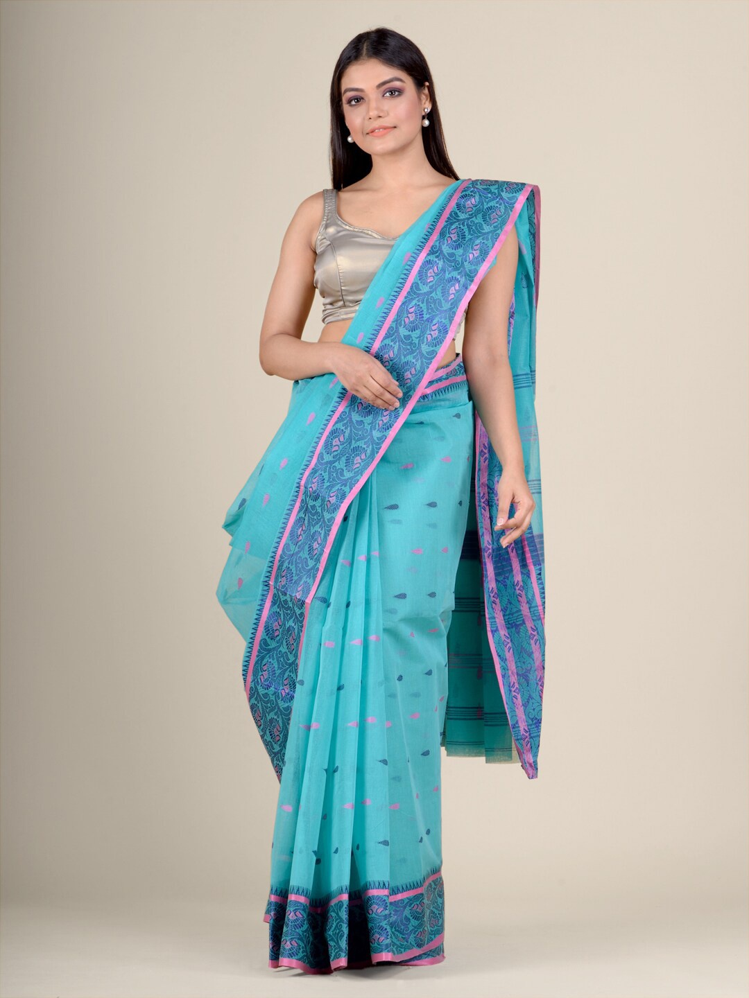 

Charukriti Turquoise Blue & Pink Ethnic Motifs Pure Cotton Handloom Taant Saree
