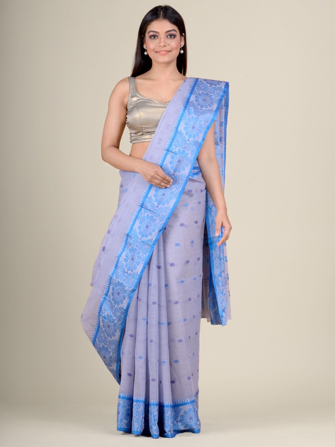 

Charukriti Lavender & Blue Ethnic Motifs Pure Cotton Handloom Taant Saree
