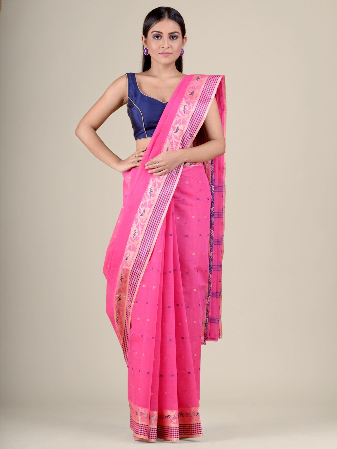 

Charukriti Pink & Beige Woven Design Pure Cotton Handloom Taant Saree