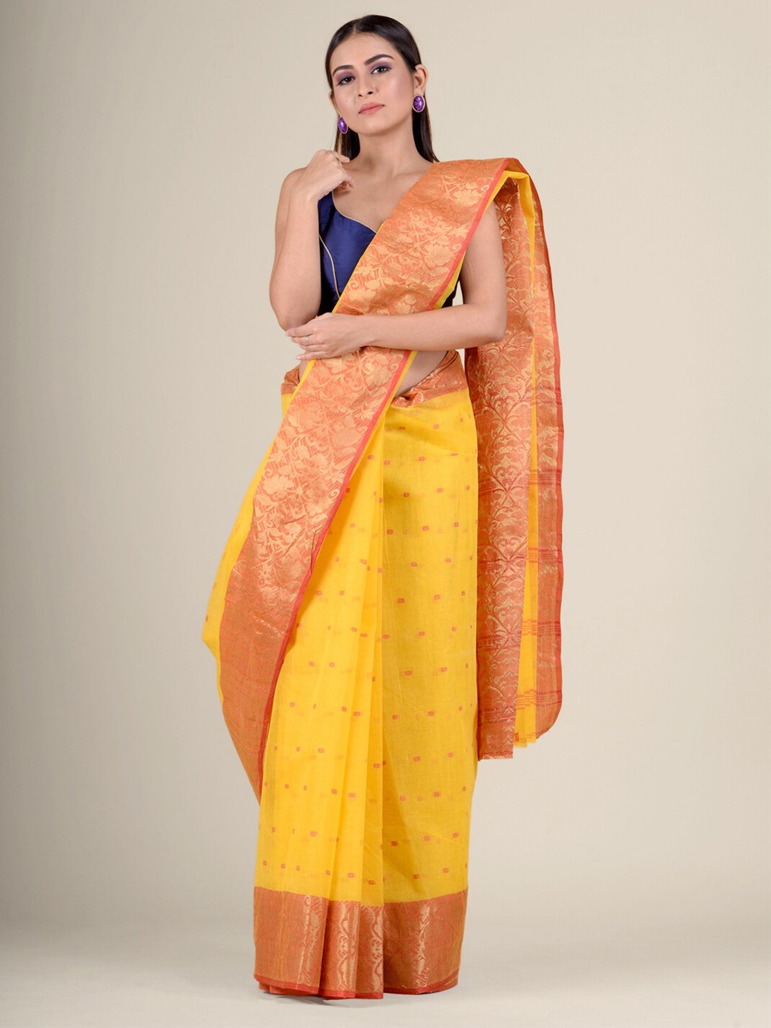 

Charukriti Yellow & Red Woven Design Pure Cotton Handloom Taant Saree