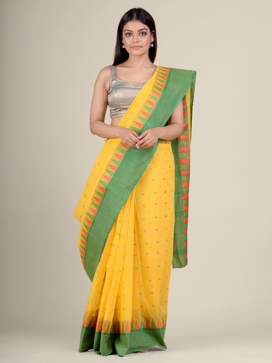 

Charukriti Yellow & Green Pure Cotton Handloom Taant Saree