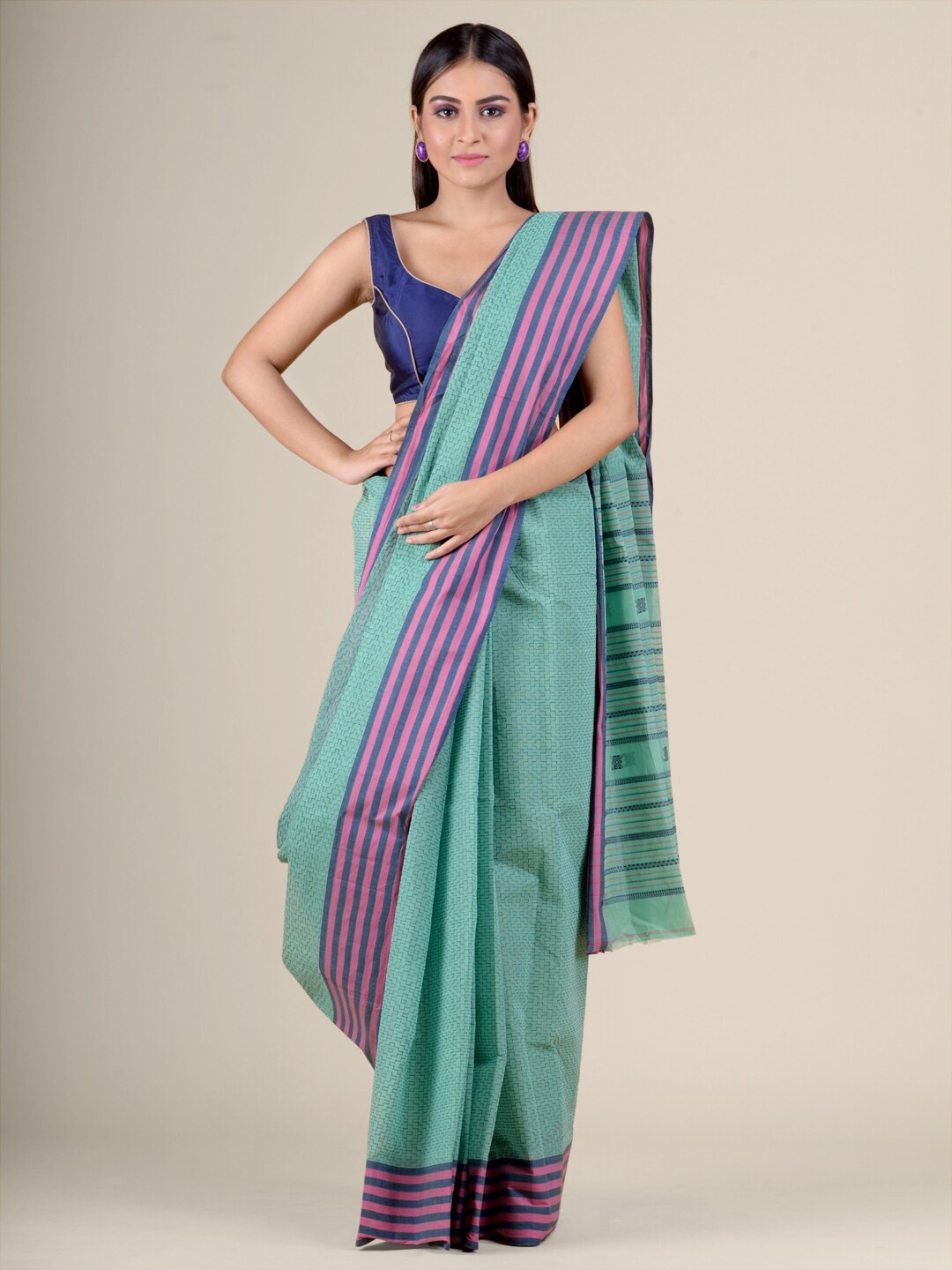 

Charukriti Green & Purple Pure Cotton Taant Saree