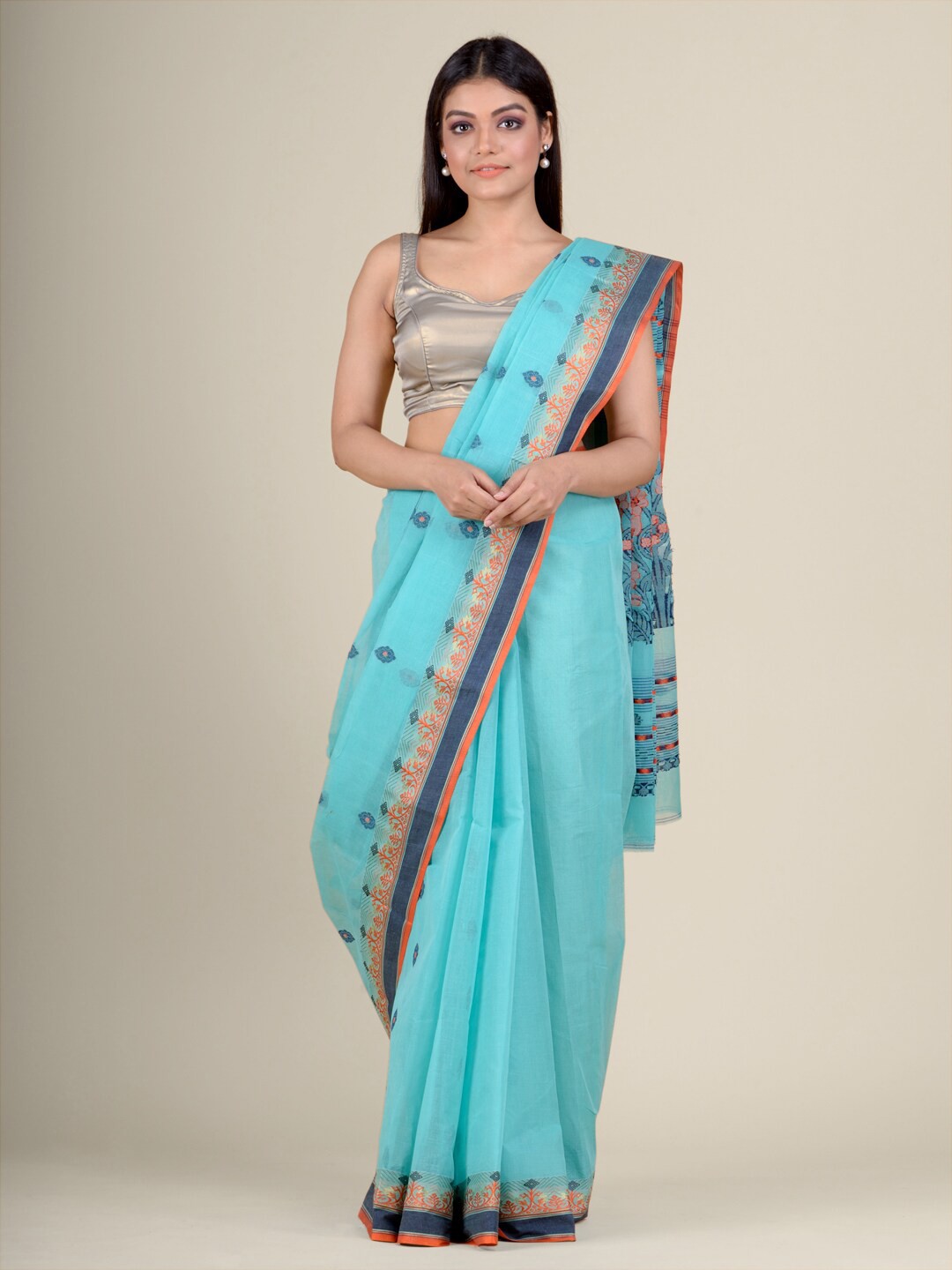 

Charukriti Turquoise Blue & Blue Woven Design Zari Pure Cotton Taant Saree