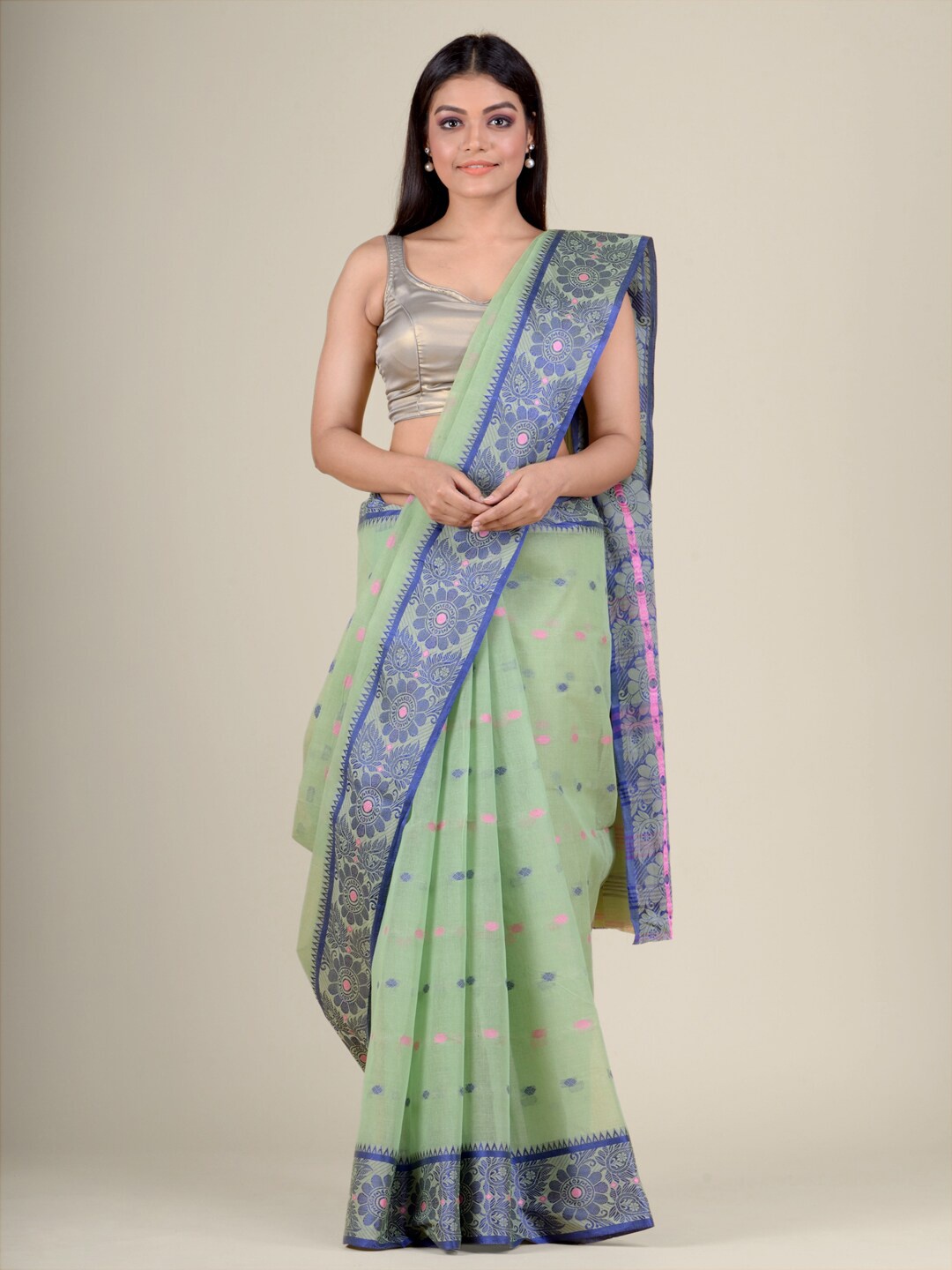 

Charukriti Green & Blue Woven Design Pure Cotton Taant Saree