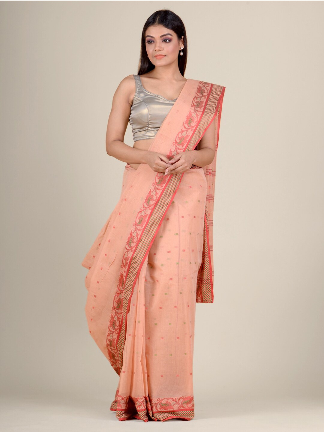 

Charukriti Peach-Coloured & Green Woven Design Pure Cotton Taant Saree