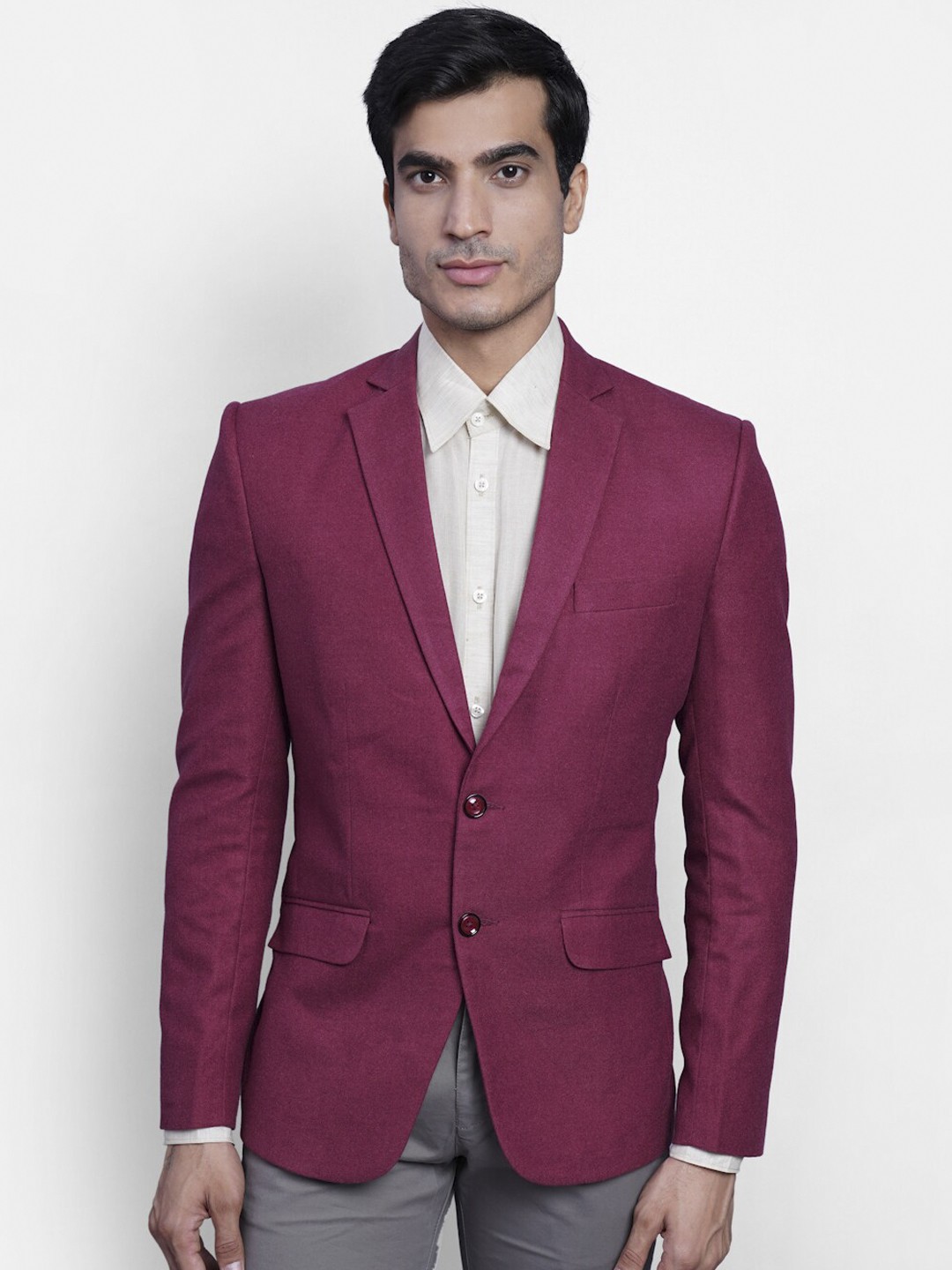

Wintage Men Maroon Solid Single-Breasted Formal Blazer