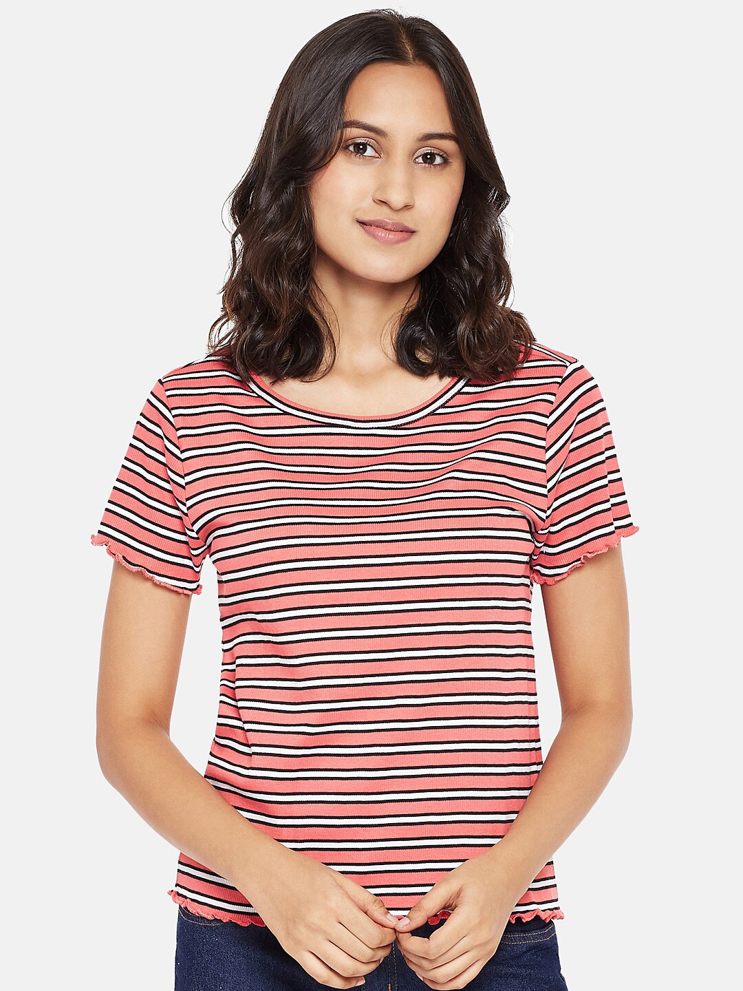 

People Women Pink Horizontal Striped Round Neck Pure Cotton T-shirt