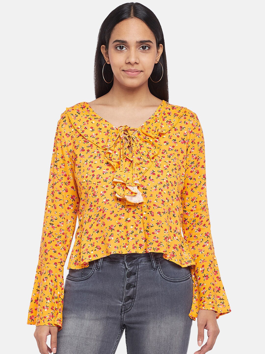 

People Mustard Yellow Floral Printed Tie-Up Neck Regular Top