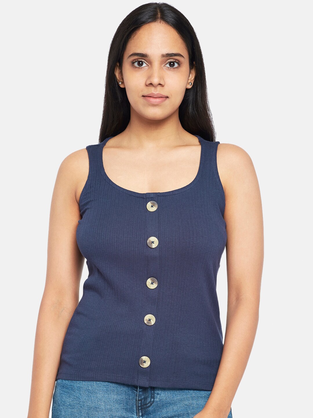 

People Women Navy Blue Pure Cotton Solid Tank Top