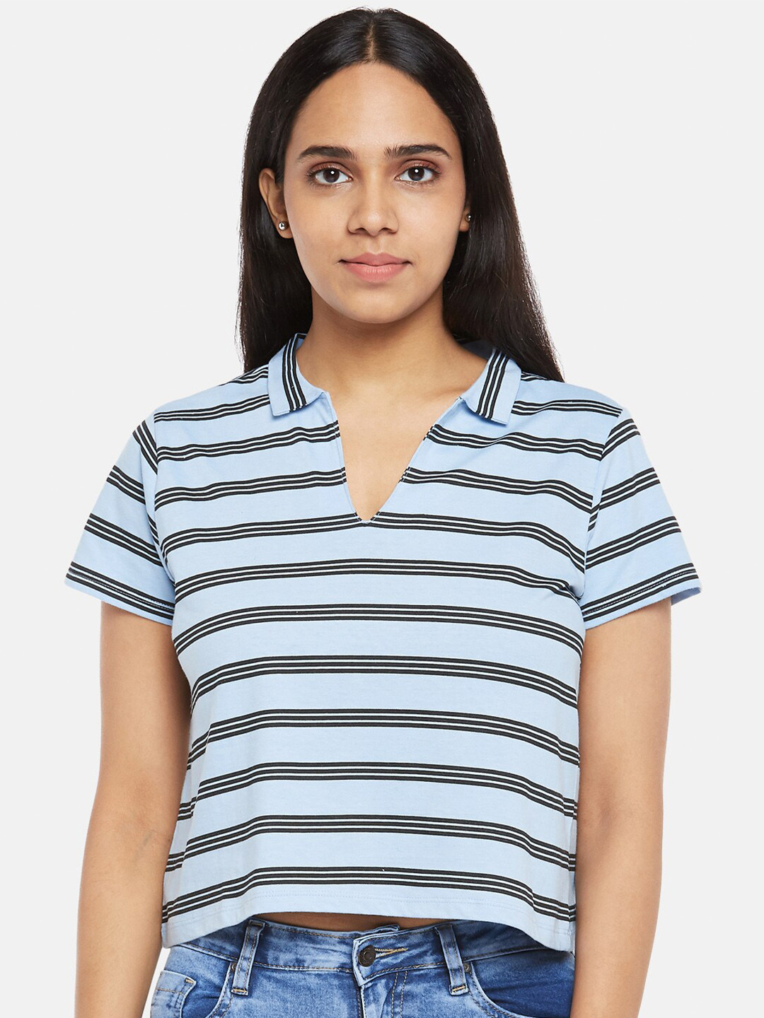 

People Women Blue & Black Pure Cotton Horizontal Striped Polo Collar Regular Crop Top