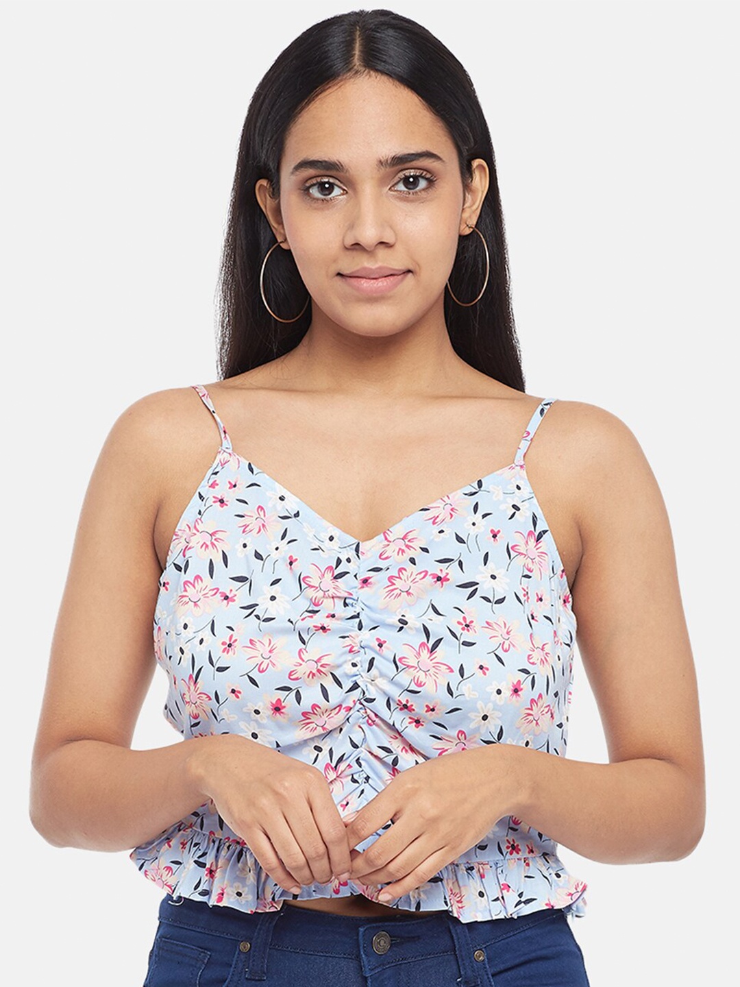 

People Women Blue Floral Printed Peplum Crop Top