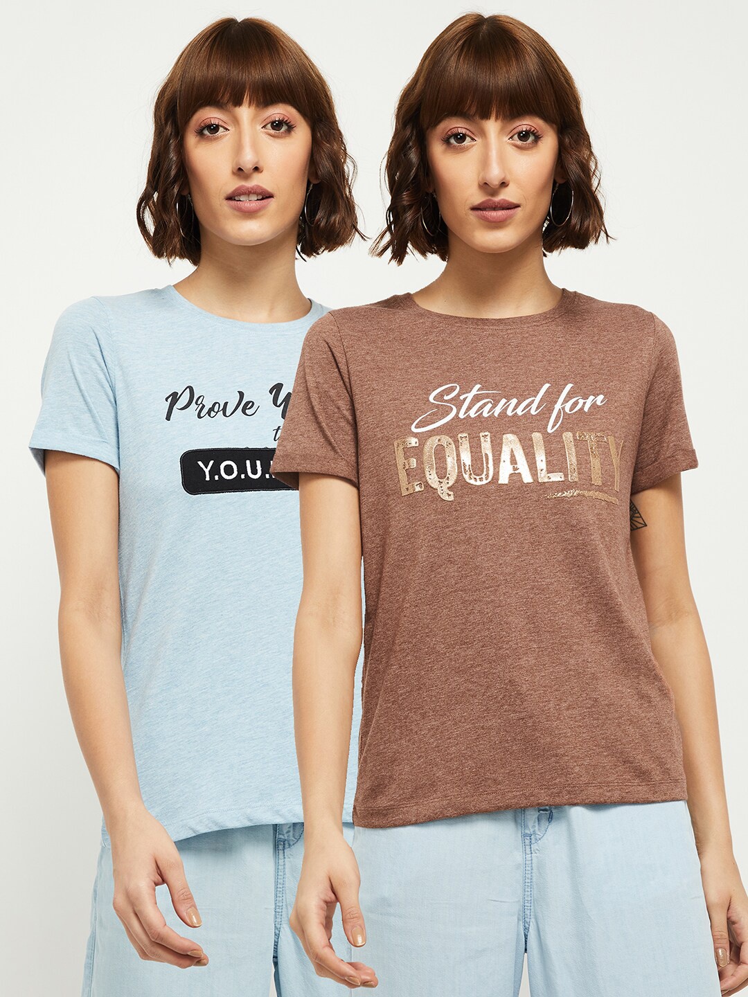

max Women Pack Of 2 Typography Printed Round Neck T-shirt, Brown