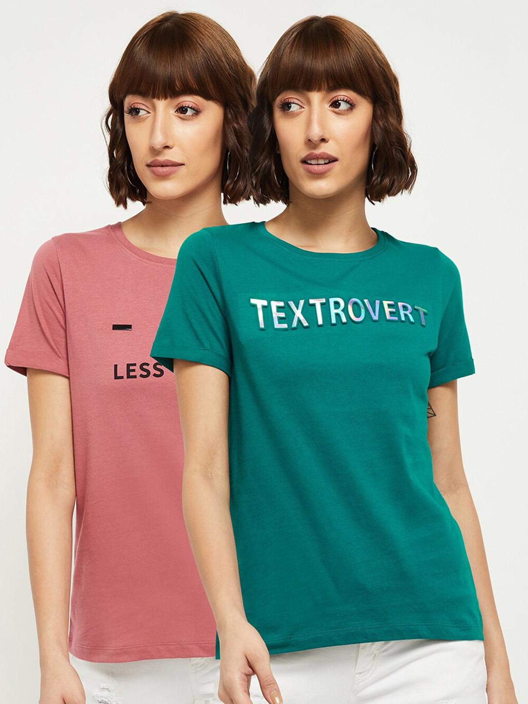 

max Women Pack Of 2 Typography Printed Round Neck T-shirt, Multi