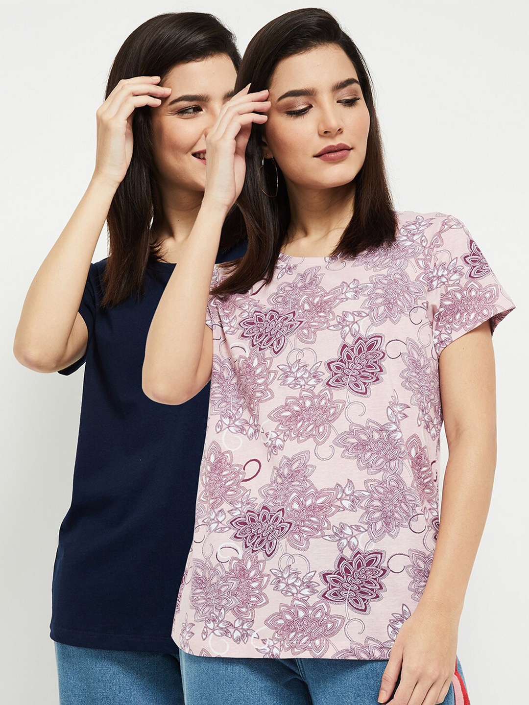 

max Women Pack Of 2 Printed Round Neck T-shirt, Pink