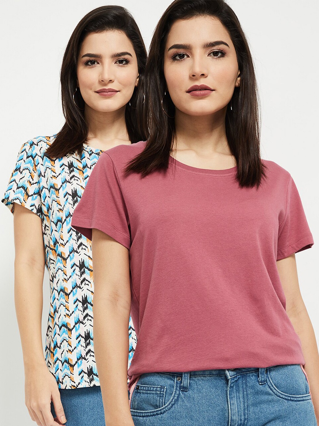 

max Women Pack Of 2 Printed Round Neck T-shirt, Pink