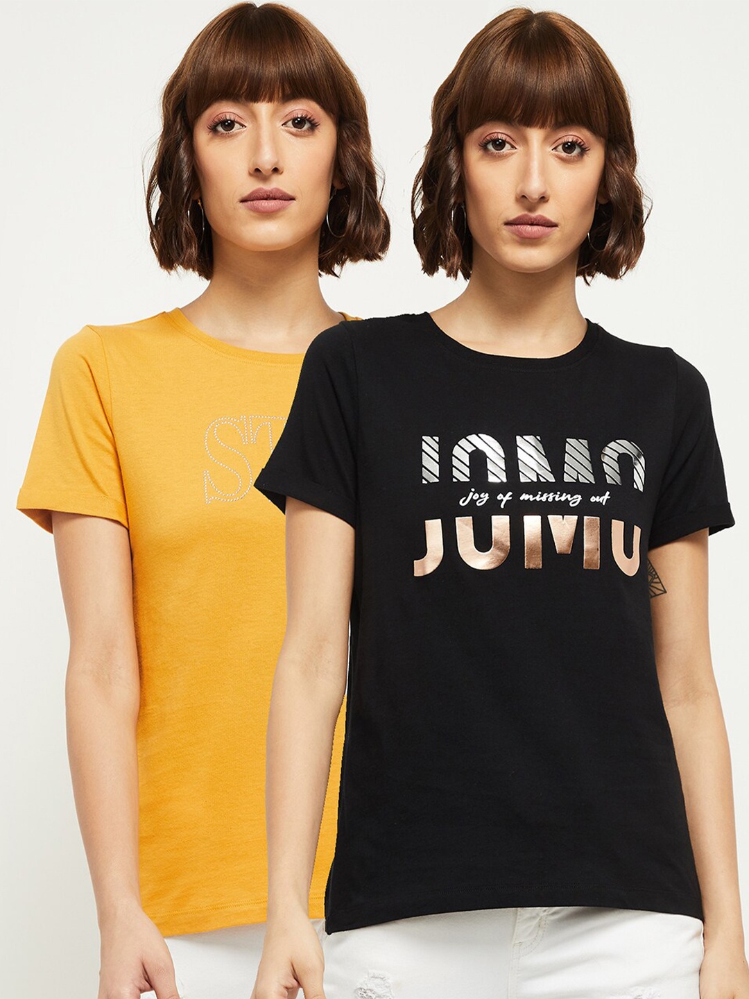 

max Women Pack Of 2 Printed Round Neck T-shirt, Multi