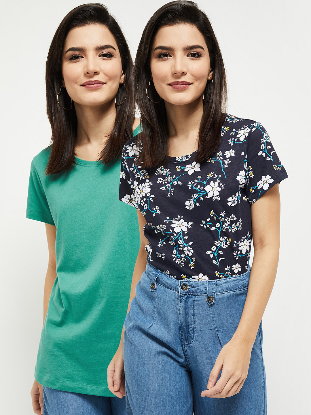 

max Women Pack Of 2 Printed Round Neck T-shirt, Green