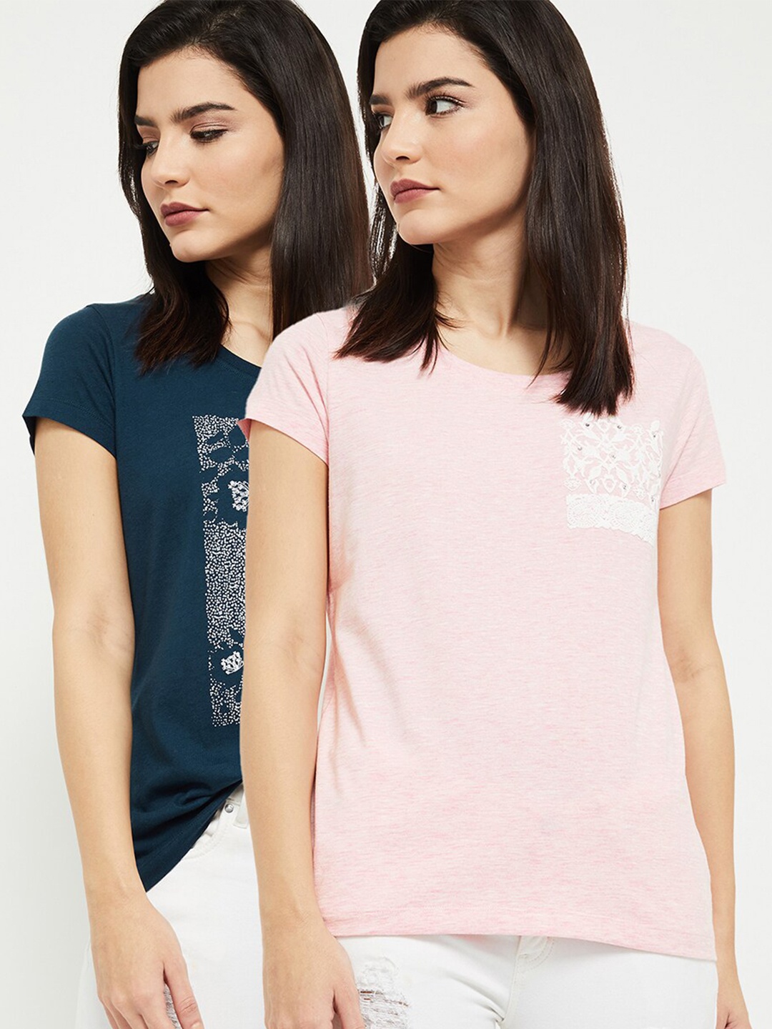 

max Women Pack Of 2 Printed Round Neck T-shirt, Pink