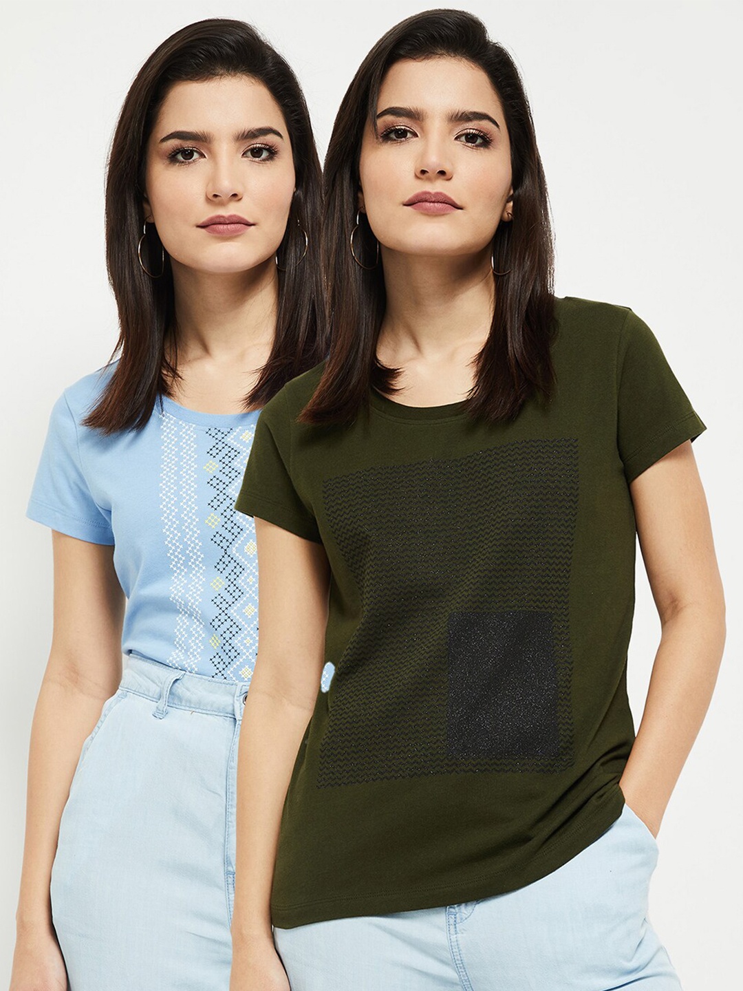 

max Women Pack Of 2 Printed Round Neck T-shirt, Blue