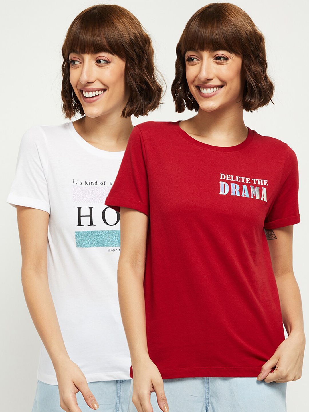 

max Women Pack Of 2 Typography Printed Round Neck T-shirt, Multi