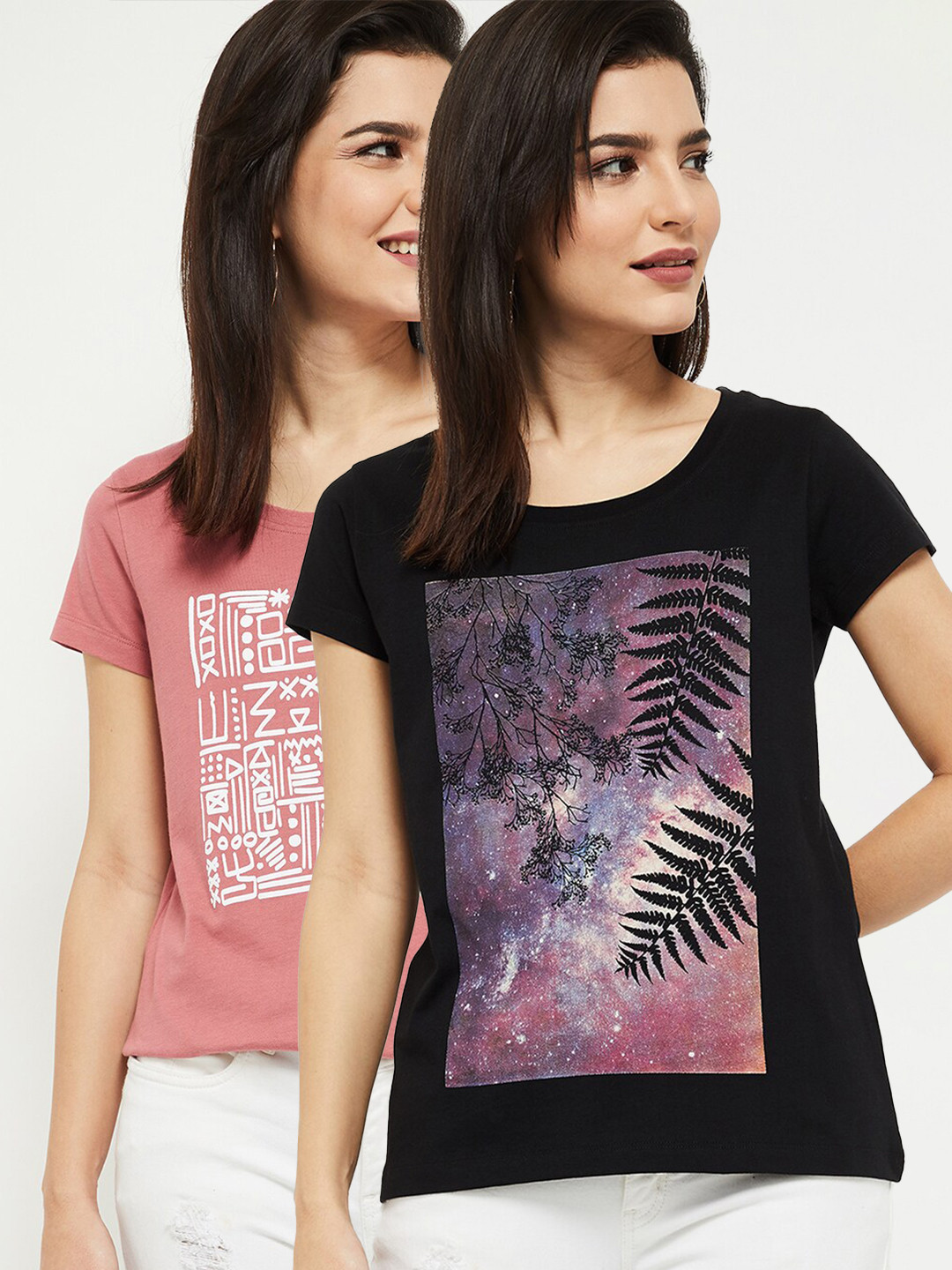 

max Women Pack Of 2 Printed Round Neck T-shirt, Multi