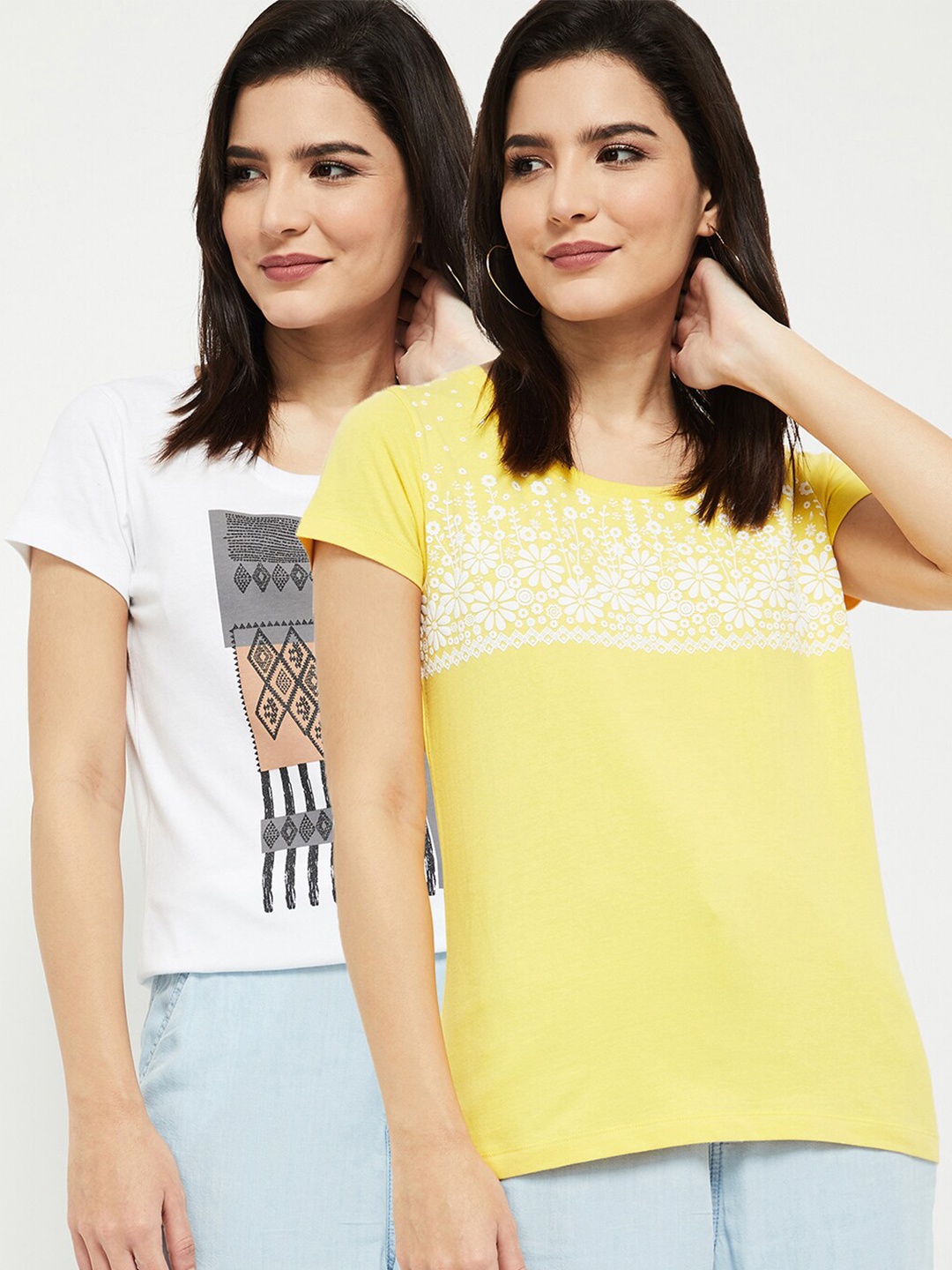 

max Women Pack Of 2 Printed Round Neck T-shirt, Multi