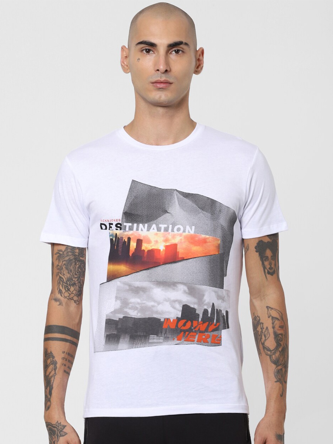 

Jack & Jones Men White & Grey Printed Slim Fit T-shirt