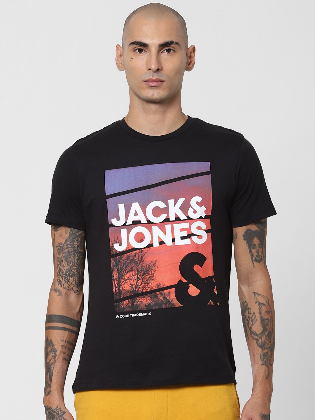 

Jack & Jones Men Black & Peach-Coloured Brand Logo Printed Slim Fit T-shirt