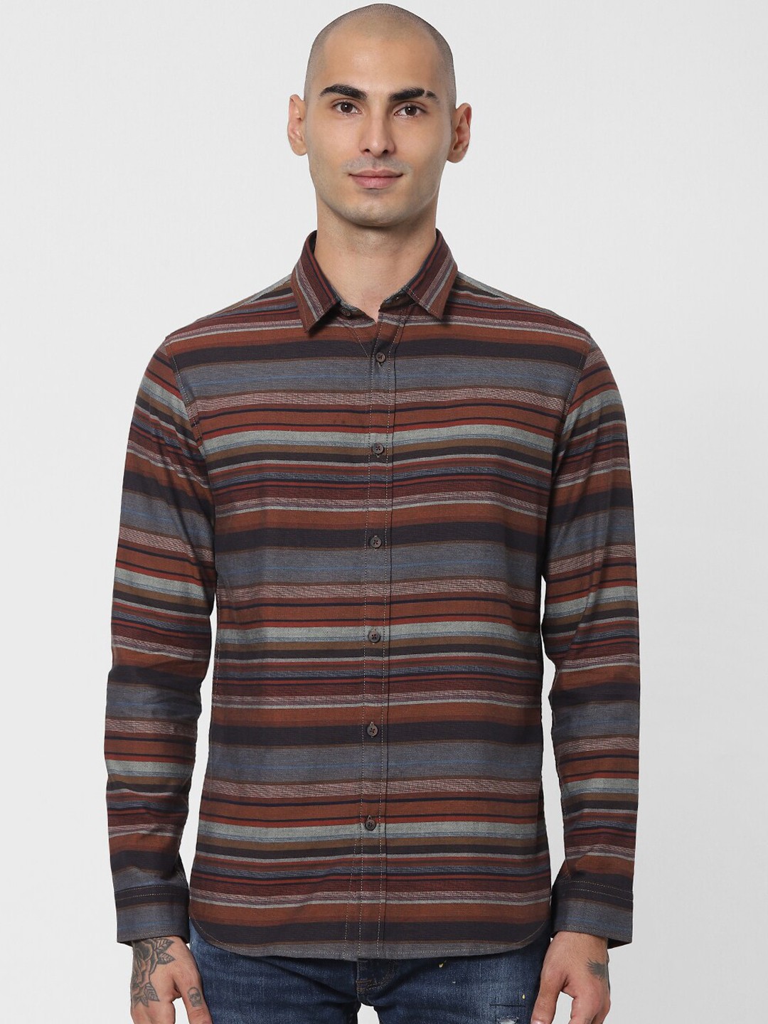 

Jack & Jones Men Brown Slim Fit Multi Stripes Opaque Striped Casual Shirt